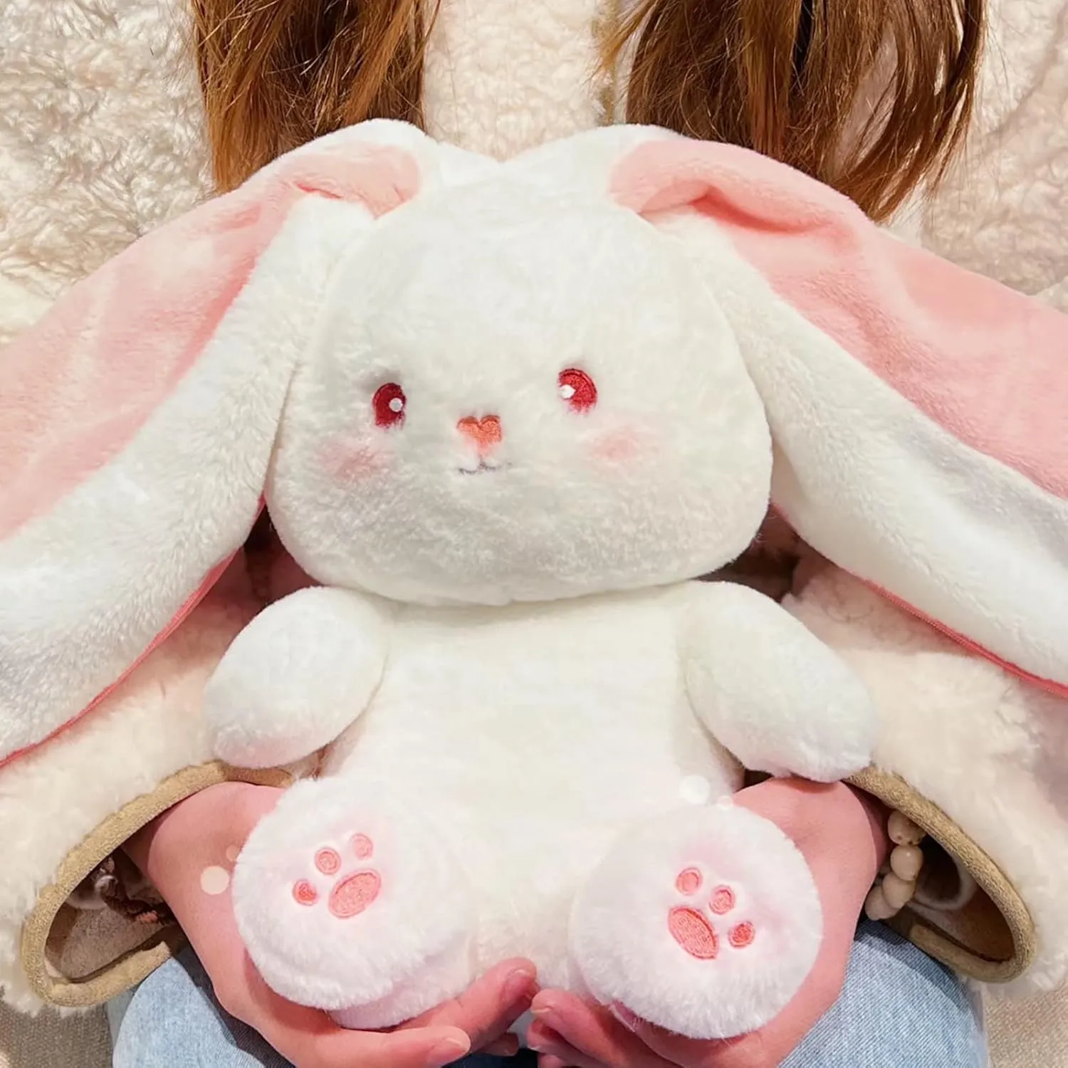 2PCS Bunny Plush Doll Toy Pillow, Reversible Carrot Strawberry Stuffed Animal with Zipper, Cute Rabbit Decoration for Kids & Adult Birthday Party Gift (10'' Strawberry Carrot) (KP307)