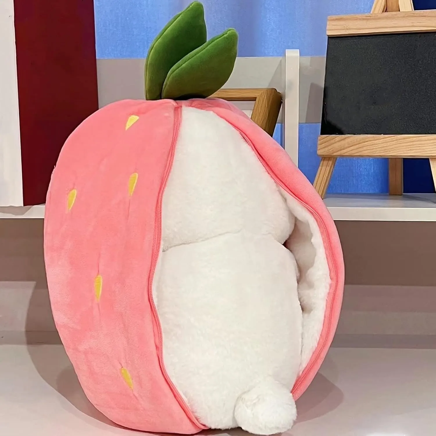 2PCS Bunny Plush Doll Toy Pillow, Reversible Carrot Strawberry Stuffed Animal with Zipper, Cute Rabbit Decoration for Kids & Adult Birthday Party Gift (10'' Strawberry Carrot) (KP307)