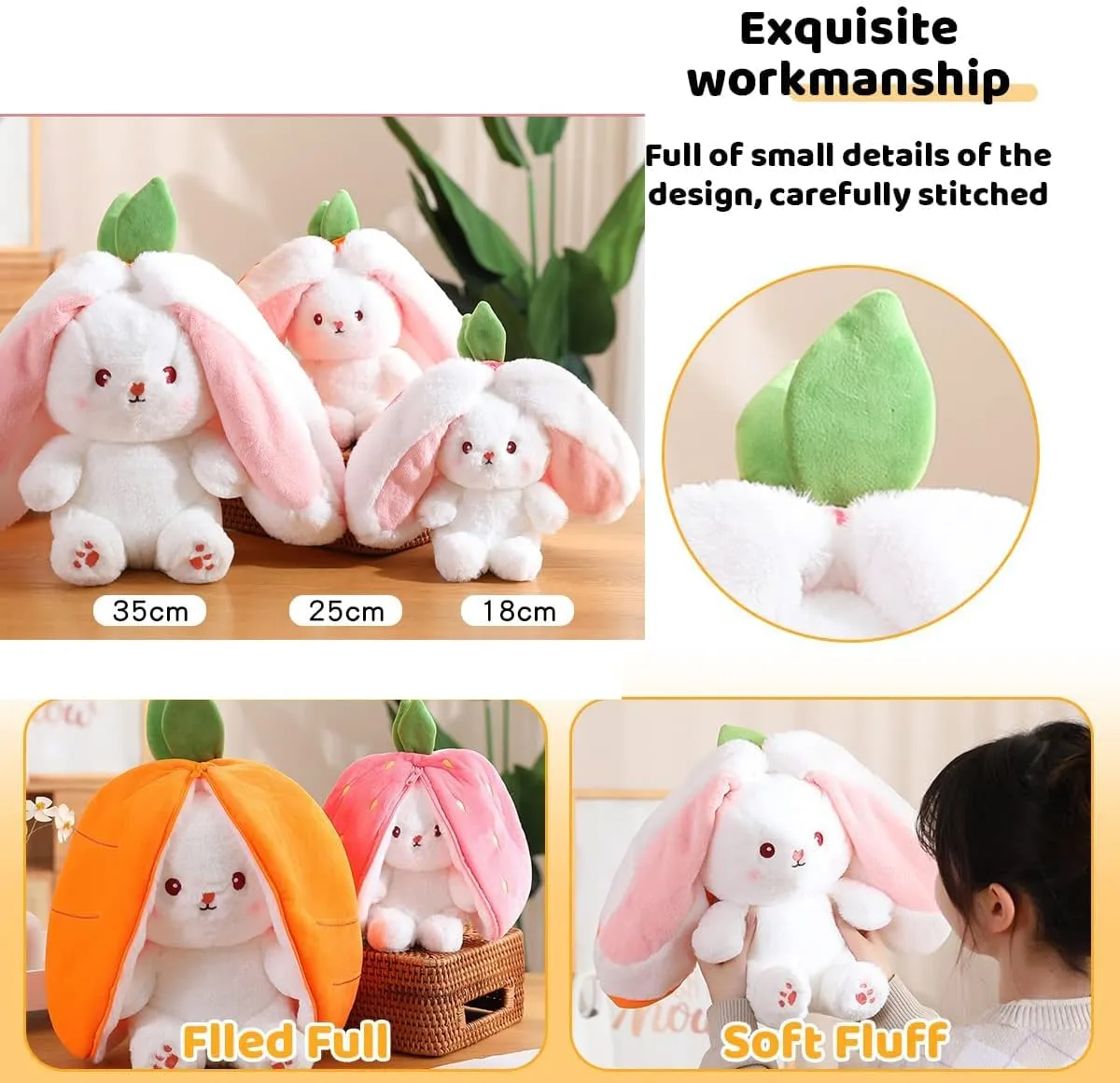 2PCS Bunny Plush Doll Toy Pillow, Reversible Carrot Strawberry Stuffed Animal with Zipper, Cute Rabbit Decoration for Kids & Adult Birthday Party Gift (10'' Strawberry Carrot) (KP307)