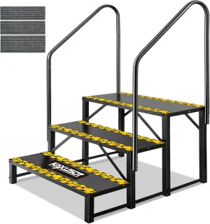 3 Steps Hot Tub RV Steps with Dual Handrail, 𝟐𝟎𝟐𝟓 𝐔𝐩𝐠𝐫𝐚𝐝𝐞𝐝 Outdoor RV Camper Entry Steps w/Non-Slip Mats, 660lbs Load Capacity Portable Mobile Home Stairs Steps for Spa, Porch, Pool