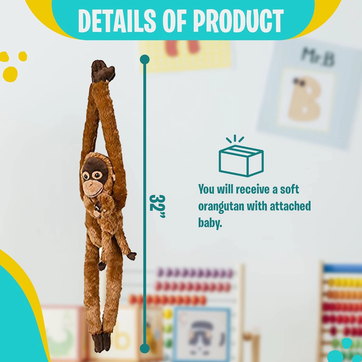 32-Inch Hanging Long Arm Plush Orangutan with Baby - Feet Connect to Hands - So Soft and Huggable Great Gift for Kids- Ages 3 
