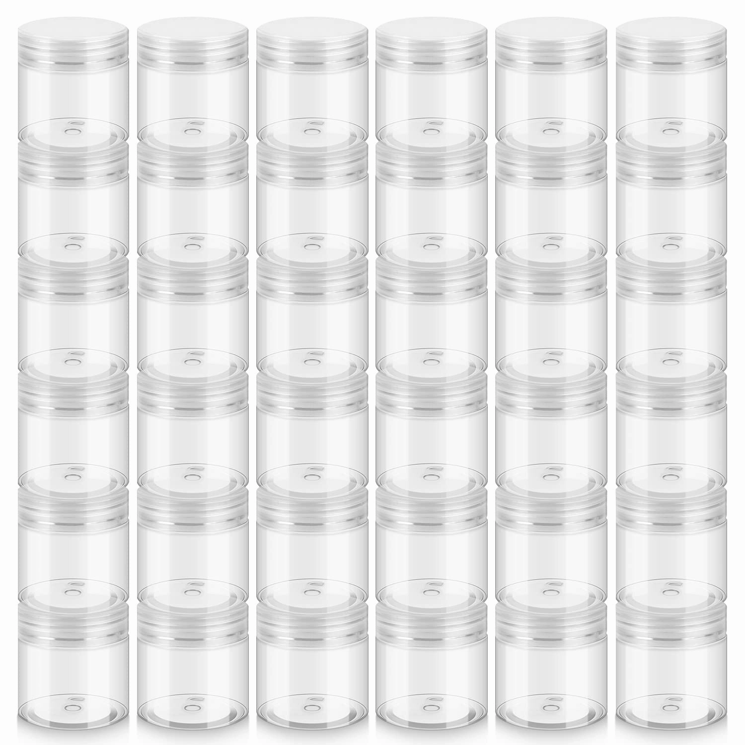 36 Pack 2 OZ Plastic Jars with Lids, BPA Free, Reusable, Refillable Transparent Cosmetic Containers for Bath Salts, Cosmetics, Powders, Beauty Product and Small Accessories - White