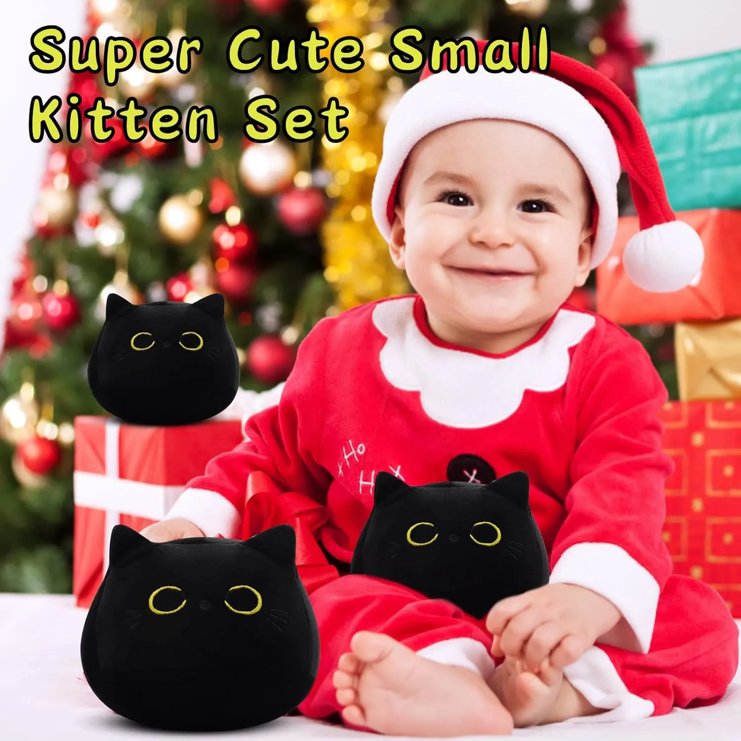 3Pcs Black Cat Plush Toy, Cute Mini Black Cats Stuffed Animals Kawaii Plush Cat Plushie, Soft Small Cat Pillow Stuffed Black Cats Toy for Kids Birthday Home Decoration