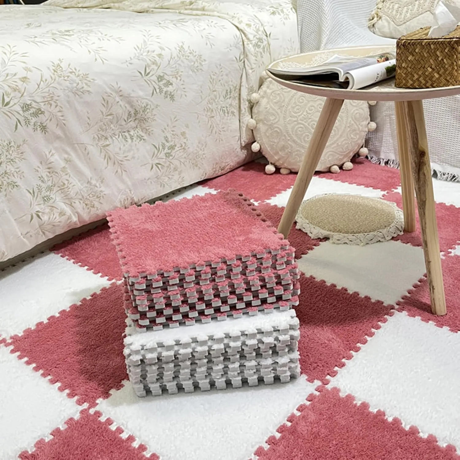 40 Pcs Plush Interlocking Carpet Tiles, Square Foam Area Rugs Set, Fluffy Puzzle Play Mat,Foam Floor Tiles for Bedroom(Color:Gray)