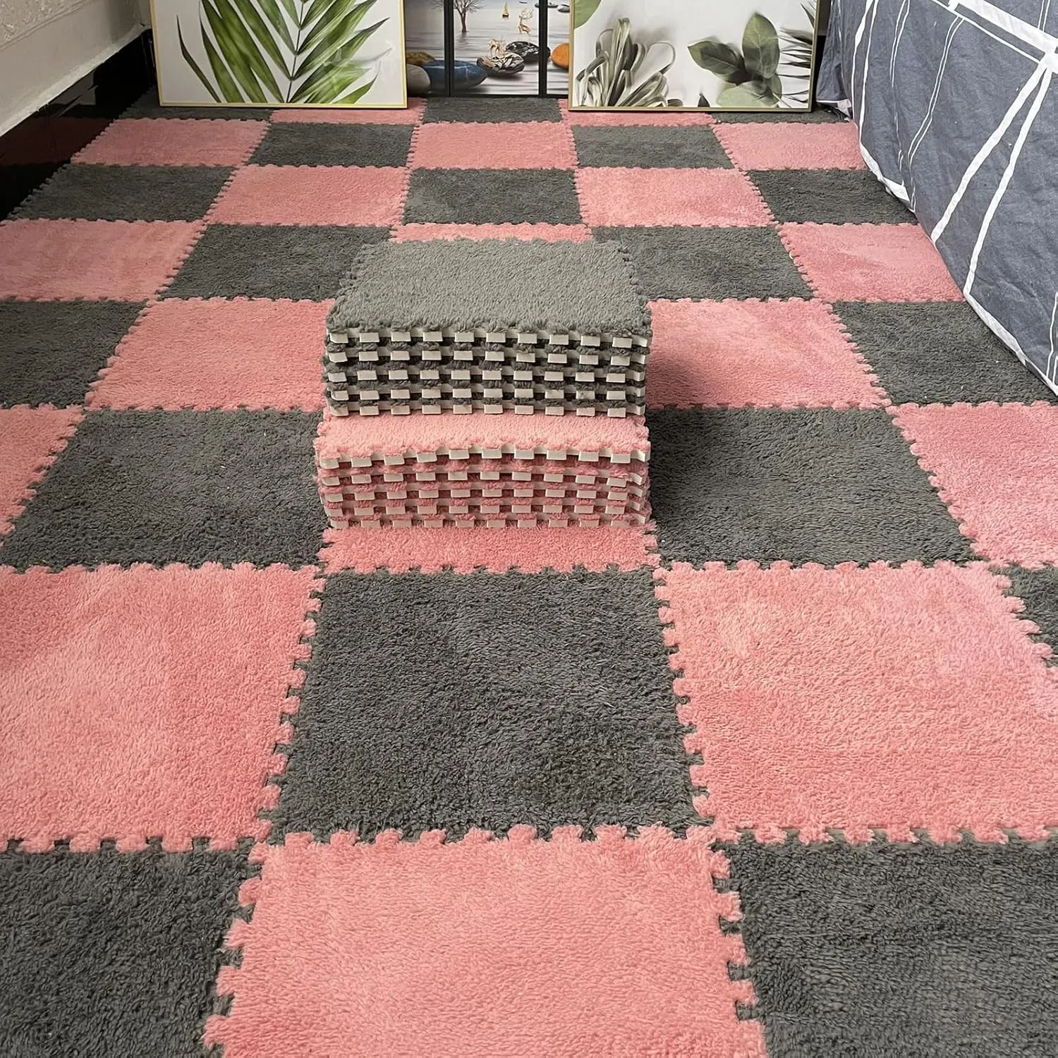 40 Pcs Plush Interlocking Carpet Tiles, Square Foam Area Rugs Set, Fluffy Puzzle Play Mat,Foam Floor Tiles for Bedroom(Color:Gray)