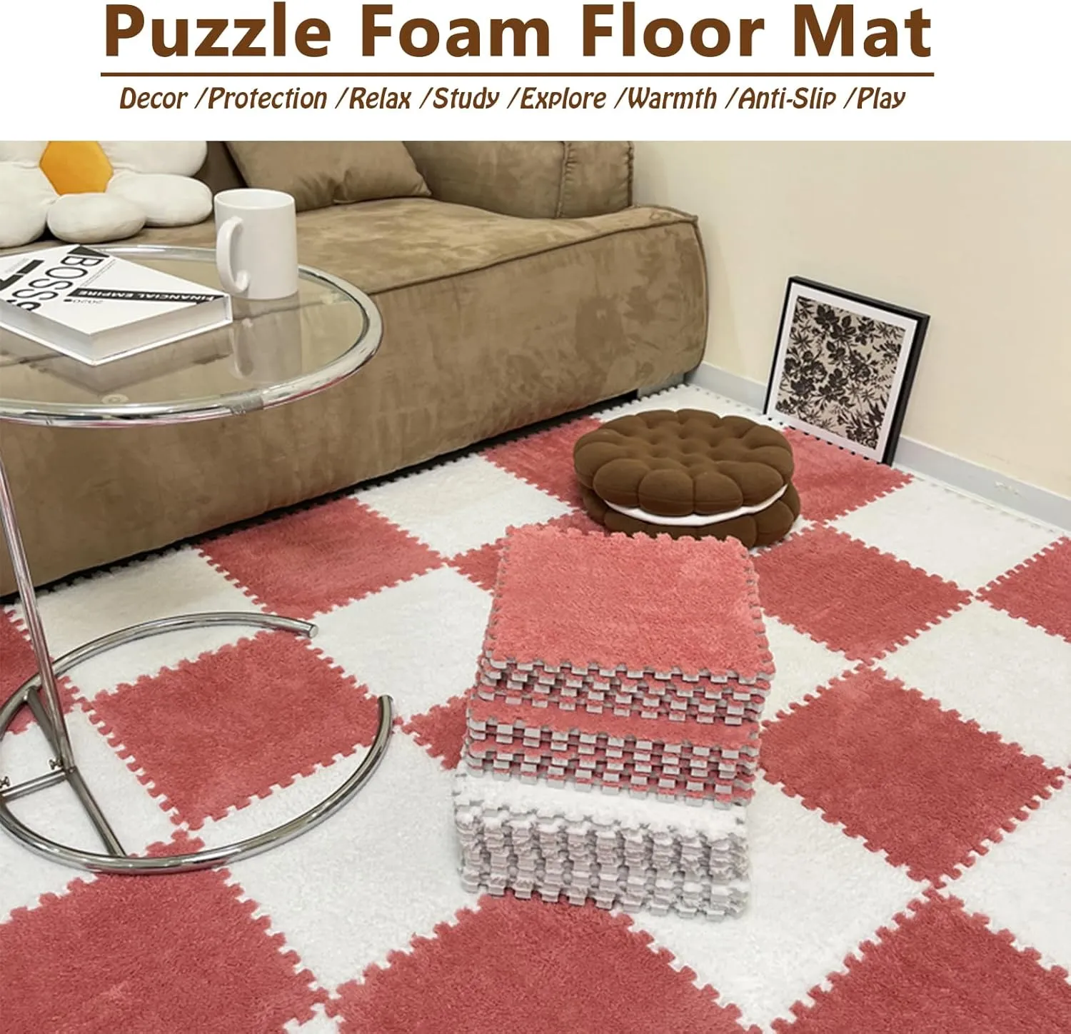 40 Pcs Plush Interlocking Carpet Tiles, Square Foam Area Rugs Set, Fluffy Puzzle Play Mat,Foam Floor Tiles for Bedroom(Color:Gray)