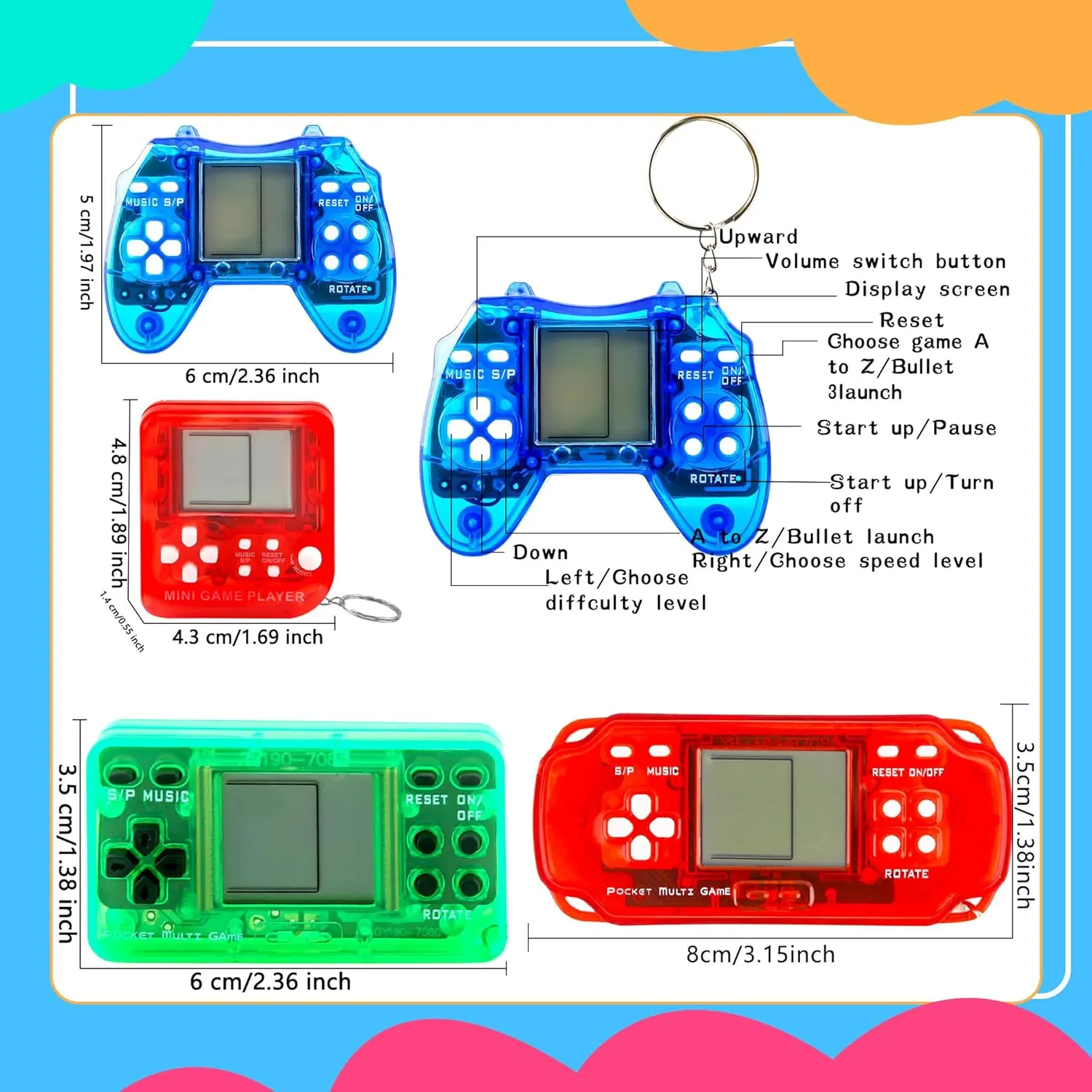 48 Pack Mini Video Game Party Favors Video Game Keychain Handheld Video Game Key Chain for Kids Goddie Bag Fillers