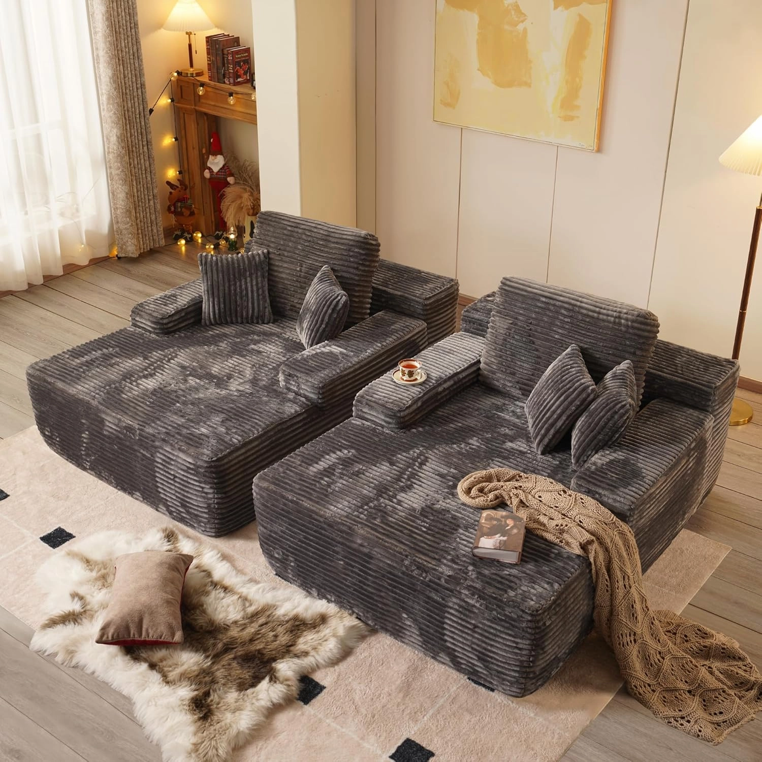 48" Oversized Chaise Lounge Indoor, Upholstered Sofa Bed, Sleeper Couch Reading Fluffy Plush Cloud Sofas Couches for Living Room,Gray-Plush