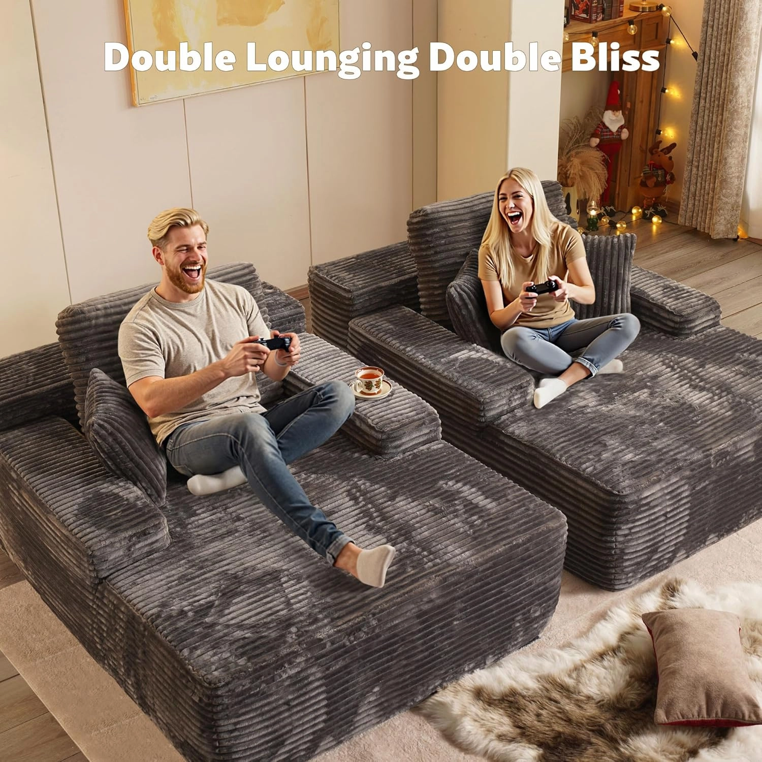 48" Oversized Chaise Lounge Indoor, Upholstered Sofa Bed, Sleeper Couch Reading Fluffy Plush Cloud Sofas Couches for Living Room,Gray-Plush