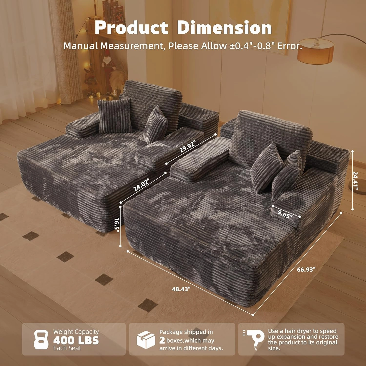 48" Oversized Chaise Lounge Indoor, Upholstered Sofa Bed, Sleeper Couch Reading Fluffy Plush Cloud Sofas Couches for Living Room,Gray-Plush