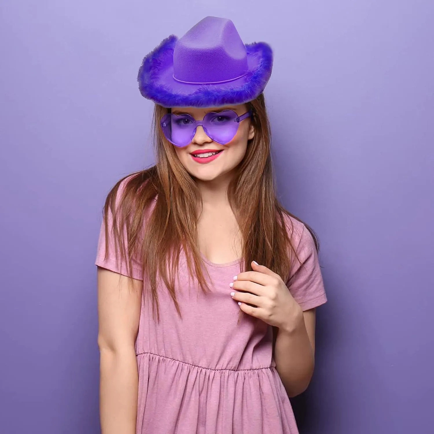4E's Novelty Cowboy Hat with feathers With Heart Shaped Sunglasses for Women, Felt Cowgirl Hat for Party Costume Dress Up