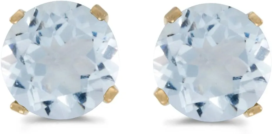 5 mm Natural Round Aquamarine Stud Earrings Set in 14k Yellow Gold