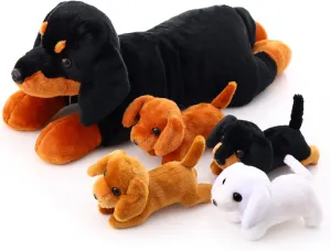 5 Pcs Dachshund Dog Plush Mommy Stuffed Animal with Baby Plush Sausage Dog Soft for Girls Birthday Xmas Bedtime Gift Bed Rest Chair Bolster Nursery Decoration(Lying Dachshund)