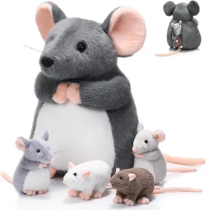 5 Pcs Mouse Stuffed Animals Set 14'' Large Mommy Rat Plush with 4 Small Mouse Babies in Zippered Tummy Stuffed Rat Plush Toys for Girls Boys Birthday Graduation Rat Lover Gift(Fluffy Style)