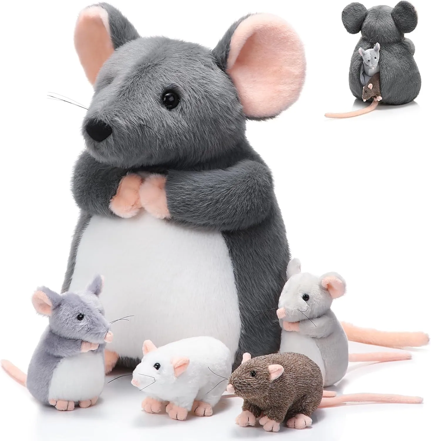 5 Pcs Mouse Stuffed Animals Set 14'' Large Mommy Rat Plush with 4 Small Mouse Babies in Zippered Tummy Stuffed Rat Plush Toys for Girls Boys Birthday Graduation Rat Lover Gift(Fluffy Style)