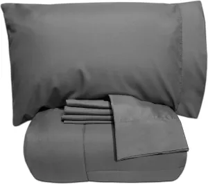 5 Piece Full Comforter Set All Season Soft Down Alternative Blanket & Luxurious Cotton Fits Mattress Up to 18" Deep Pocket Bed 4 Piece Sheet Set Dark Grey