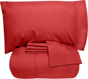 5 Piece Twin Comforter Set All Season Soft Down Alternative Blanket & Luxurious Cotton Fits Mattress Up to 18" Deep Pocket Bed 4 Piece Sheet Set Red