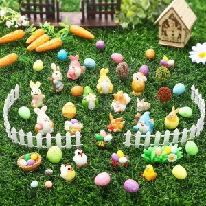 58 Pcs Miniature Garden Model Kit Includes Easter Bunny Rabbit Miniature Gnome Figurines Classic Hen Carrot Egg Tree Ornaments for Potted Plant Terrarium Landscape DIY Craft Dollhouse