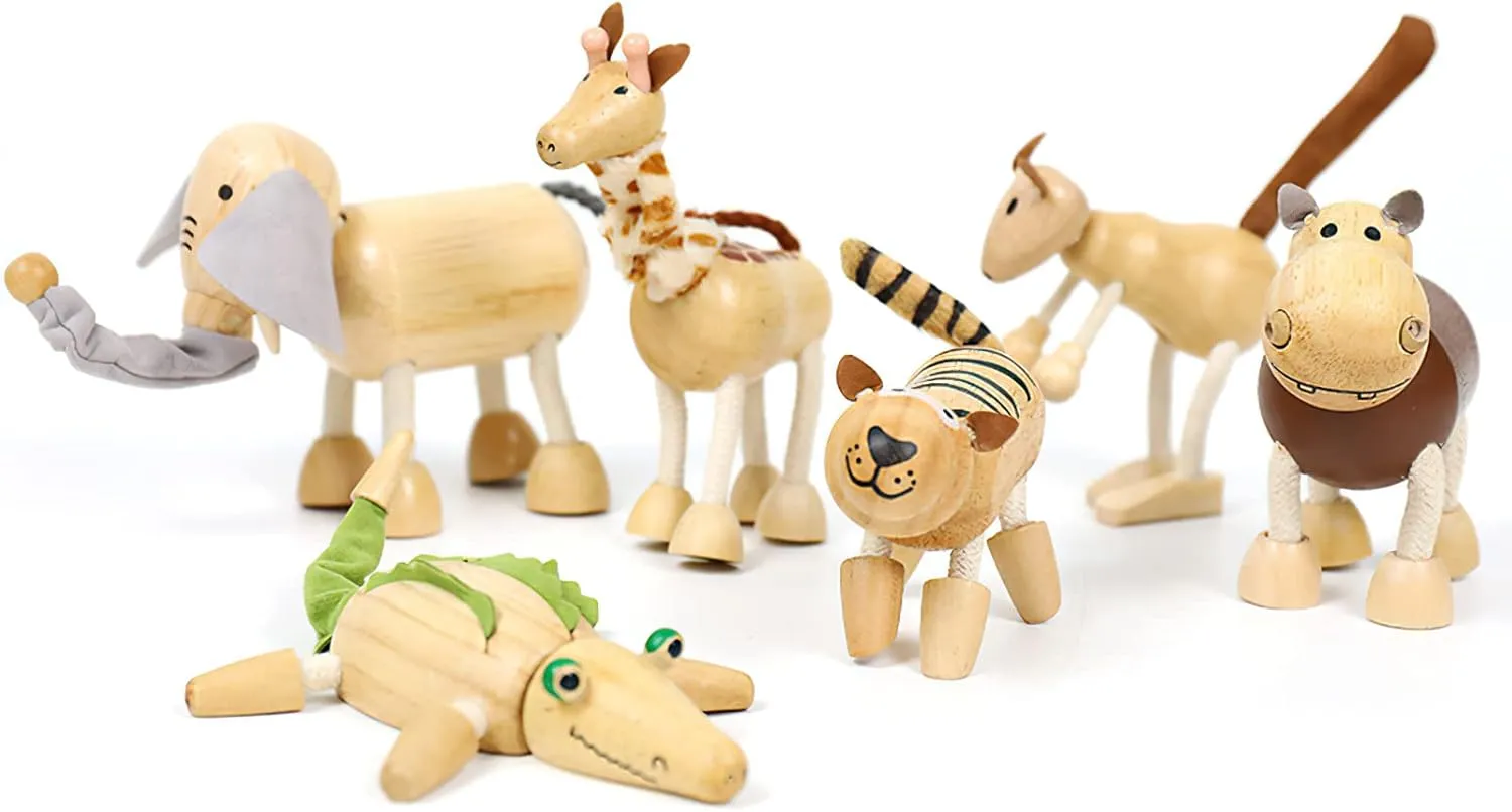 6 Pack Bendable Wooden Animal Figurines - Smooth Natural Wood Zoo & Jungle Safari Animals - Preschool Learning & Education Toys for Toddlers & Kids