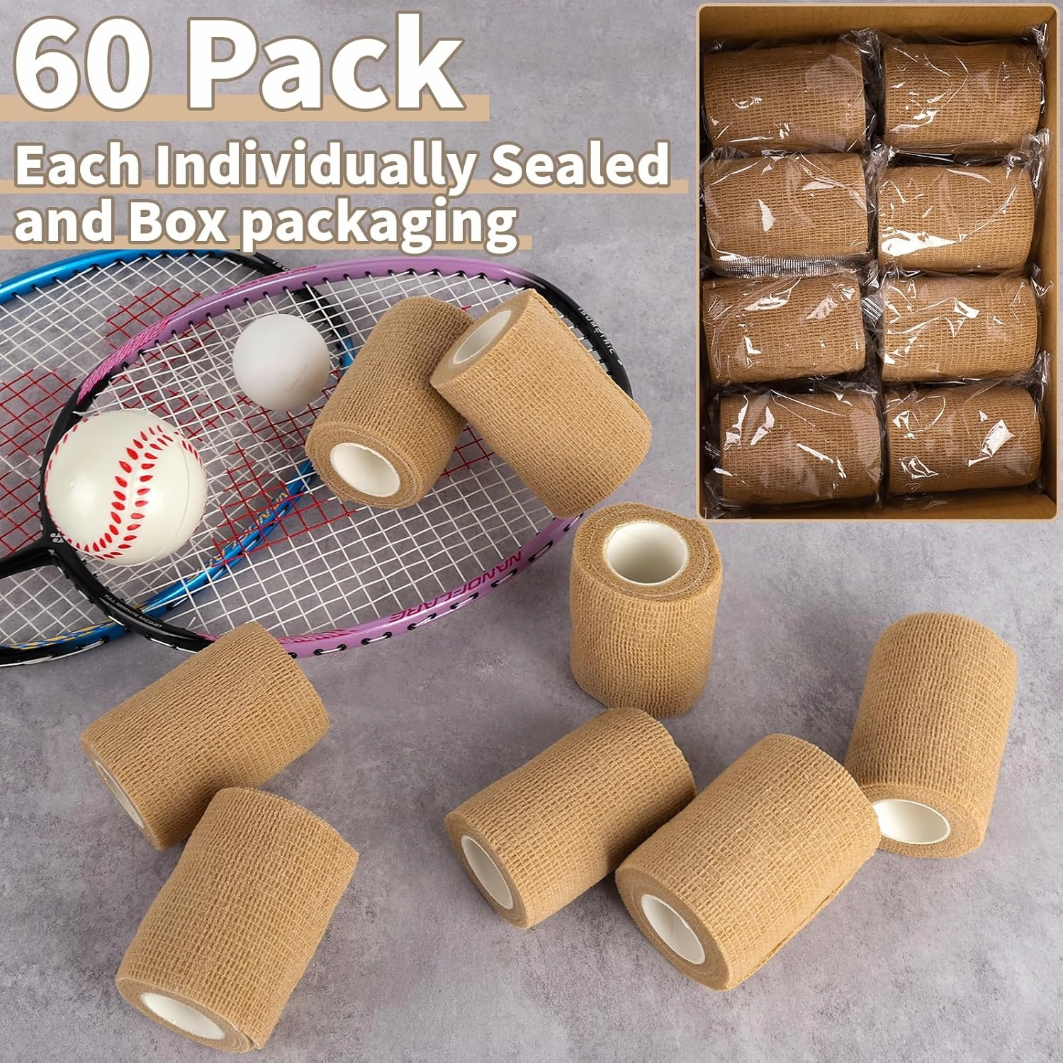 60 Pack Skin Self Adhesive Bandage Wrap Bulk 3 Inch x 5 Yards Cohesive Bandage,Vet Wrap Breathable Elastic Self-Adherent Tape for Stretch Athletic Sports Wrist Ankle Dogs Pet Vet Wrap