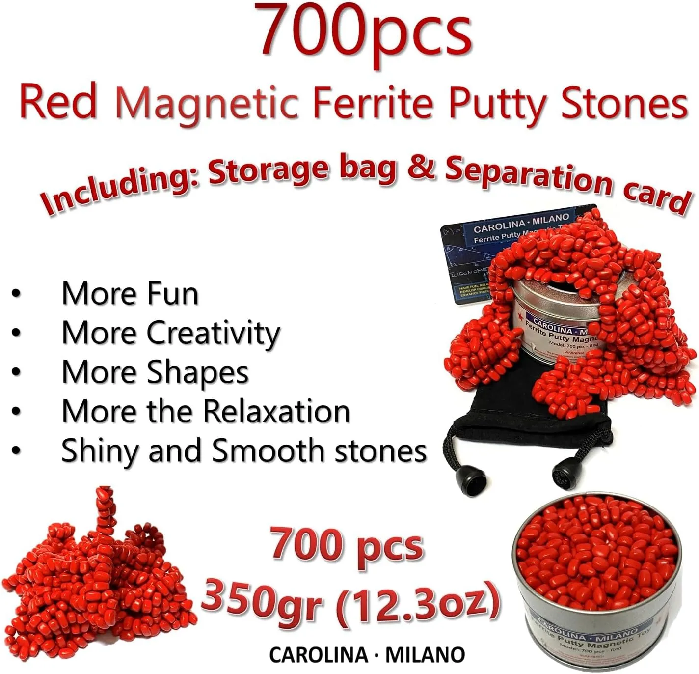 700 PCS RED Crags Ferrite Putty for Adults Ferrite Stones, Satisfying Fun Fidget Office Desk Toy, RED Color Beads with Separator Card, Storage Bag & a tin Box, 350gr