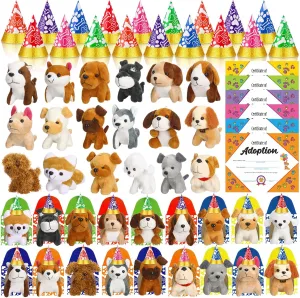 72 Pcs Adopt a Puppy Supplies Party Favors Include 18 Mini Plush Dog 18 Pet Birthday Hats 18 Puppy Adoption Certificate 18 Kraft Boxes for Pet Birthday Party Set Gifts(Cute Dog)