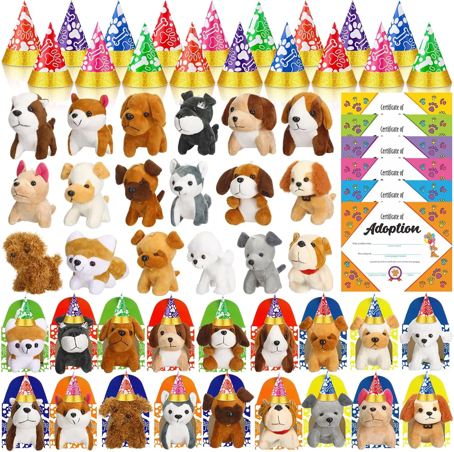 72 Pcs Adopt a Puppy Supplies Party Favors Include 18 Mini Plush Dog 18 Pet Birthday Hats 18 Puppy Adoption Certificate 18 Kraft Boxes for Pet Birthday Party Set Gifts(Cute Dog)