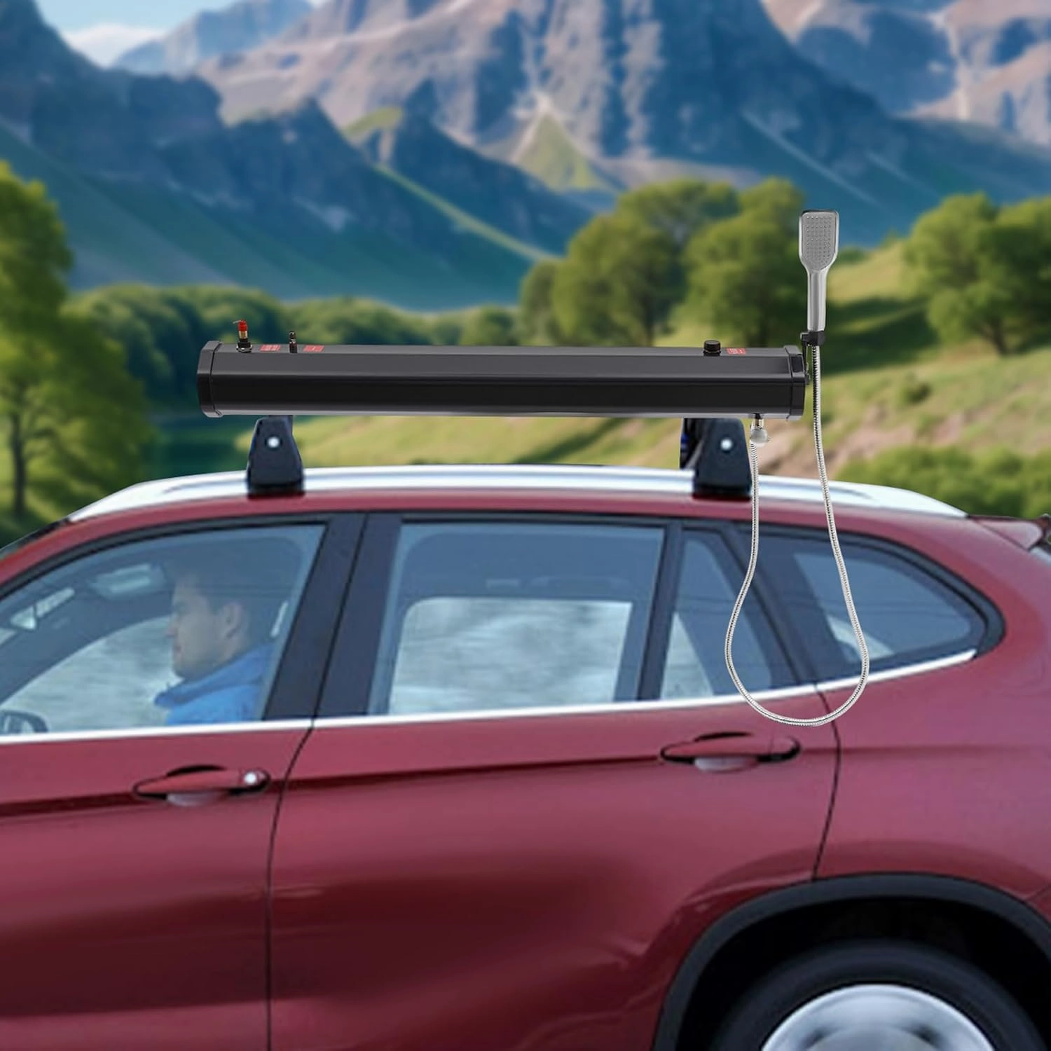 7.93Gal/30L Portable Pressurized Water Tank for Camping - Roof Rack Mount Road Shower System with Shower Head, Ideal for Outdoor Showers, Car Washing & Pet Cleaning