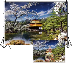 7x5ft Japan Spring Scenery Backdrop for Photography Japanese Temple White Cherry Landscape Asian Travel Themed Birthday Party Wedding Portrait Photo Studio Props Wallpaper