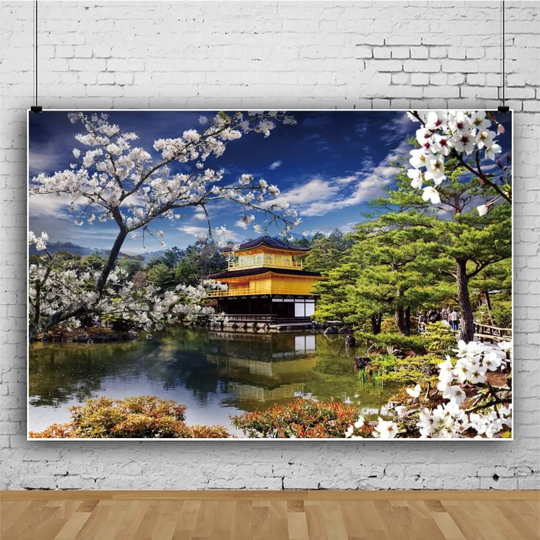 7x5ft Japan Spring Scenery Backdrop for Photography Japanese Temple White Cherry Landscape Asian Travel Themed Birthday Party Wedding Portrait Photo Studio Props Wallpaper