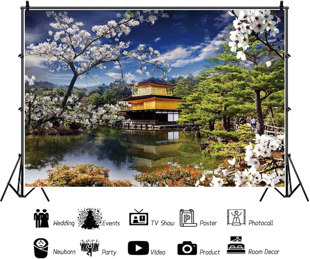 7x5ft Japan Spring Scenery Backdrop for Photography Japanese Temple White Cherry Landscape Asian Travel Themed Birthday Party Wedding Portrait Photo Studio Props Wallpaper