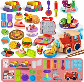 85 PCS 3 in 1 Dough Sets for Kids Ages 3-4-8, Dough Tools Kit, Train Playset, Hamburger Maker Machine, Dessert Rack, Kitchen Creations Food Play Toys Boys Girls
