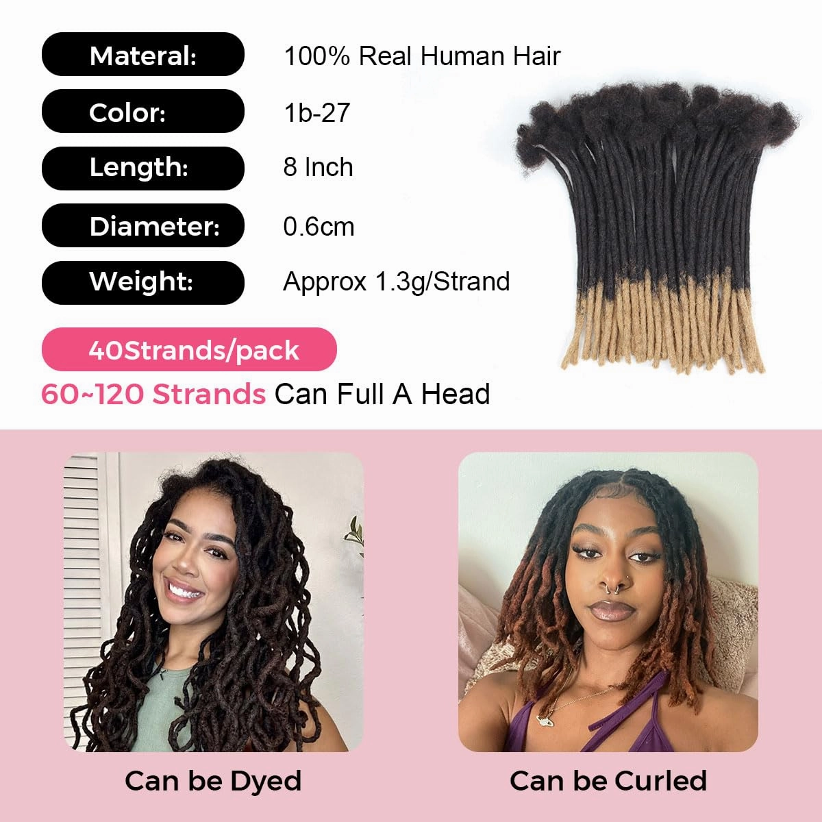 8 Inch 40 Strands Loc Extensions Human Hair, 0.6cm Pencle Size Dreadlock Extensions Human Hair for Women Men Kids Full Handmade Permanent Dreads Locs(1B/27)