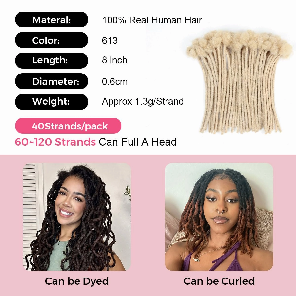 8 Inch 40 Strands Loc Extensions Human Hair, 0.6cm Pencle Size Dreadlock Extensions Human Hair for Women Men Kids Full Handmade Permanent Dreads Locs(613#)