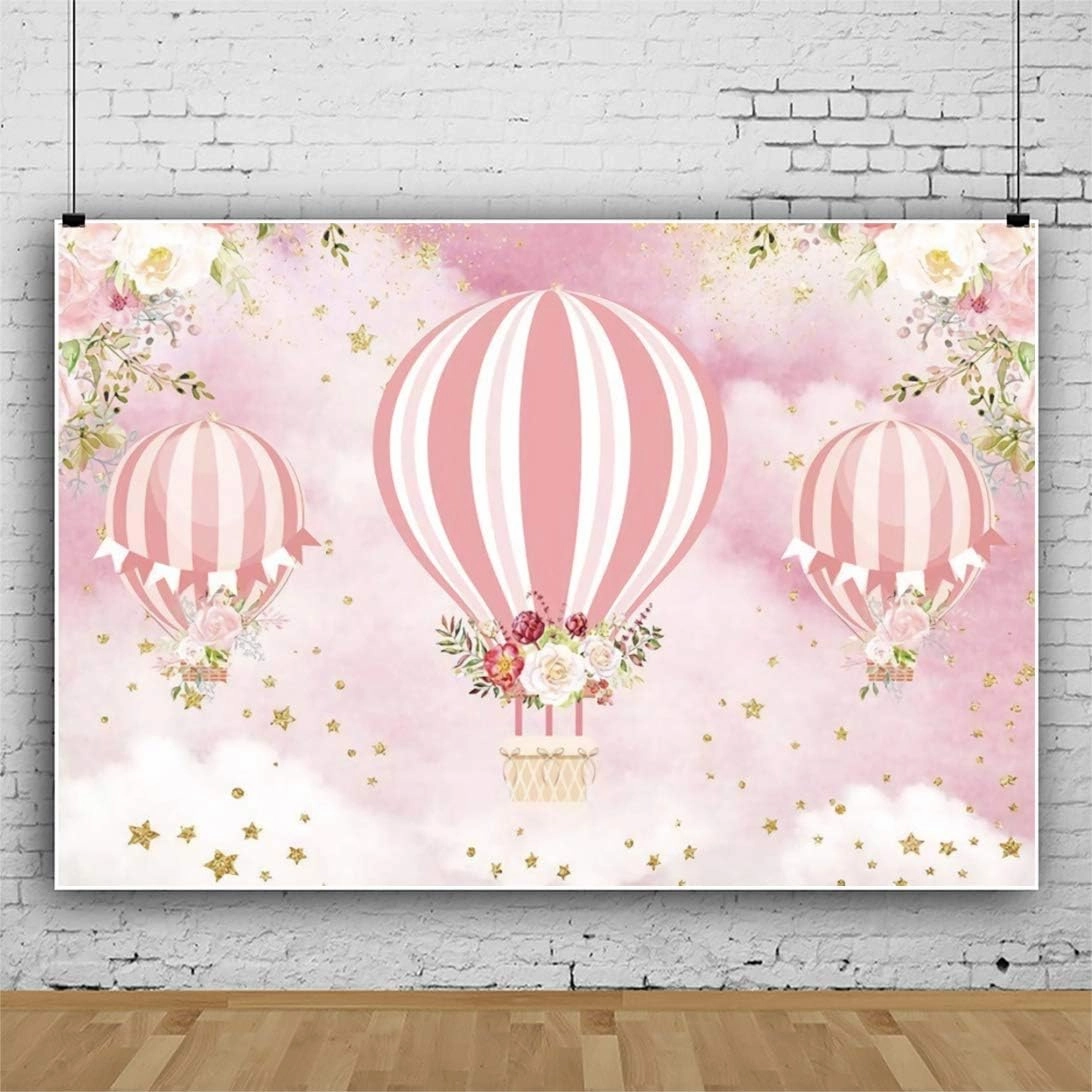 8x6ft Pink Hot Air Balloon Backdrop - Up Up and Away Adventure - Baby Shower, Birthday Party Photography Background - Floral Star Banner - Kid Photo Studio Prop