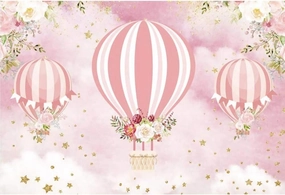 8x6ft Pink Hot Air Balloon Backdrop - Up Up and Away Adventure - Baby Shower, Birthday Party Photography Background - Floral Star Banner - Kid Photo Studio Prop