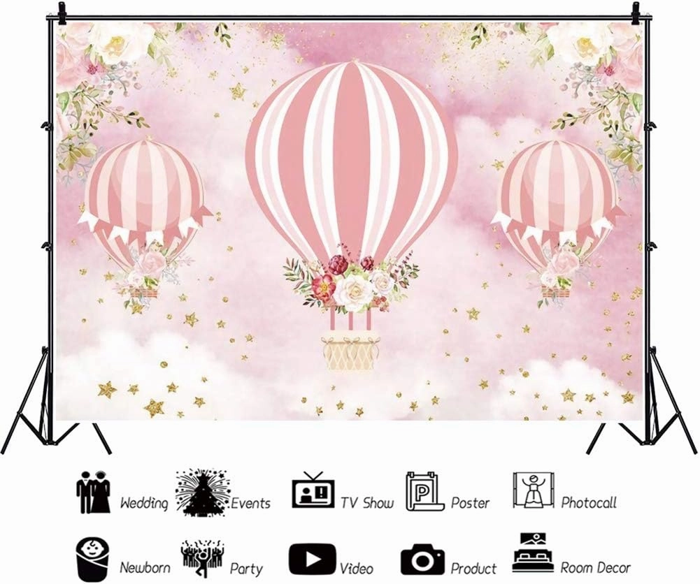 8x6ft Pink Hot Air Balloon Backdrop - Up Up and Away Adventure - Baby Shower, Birthday Party Photography Background - Floral Star Banner - Kid Photo Studio Prop