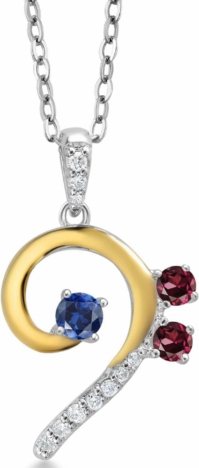 925 Silver and 10K Yellow Gold Blue Created Sapphire Red Rhodolite Garnet and White Lab Grown Diamond Bass Clef Music Note Pendant Necklace For Women By Keren Hanan (0.40 Cttw, with 18 Inch Chain)