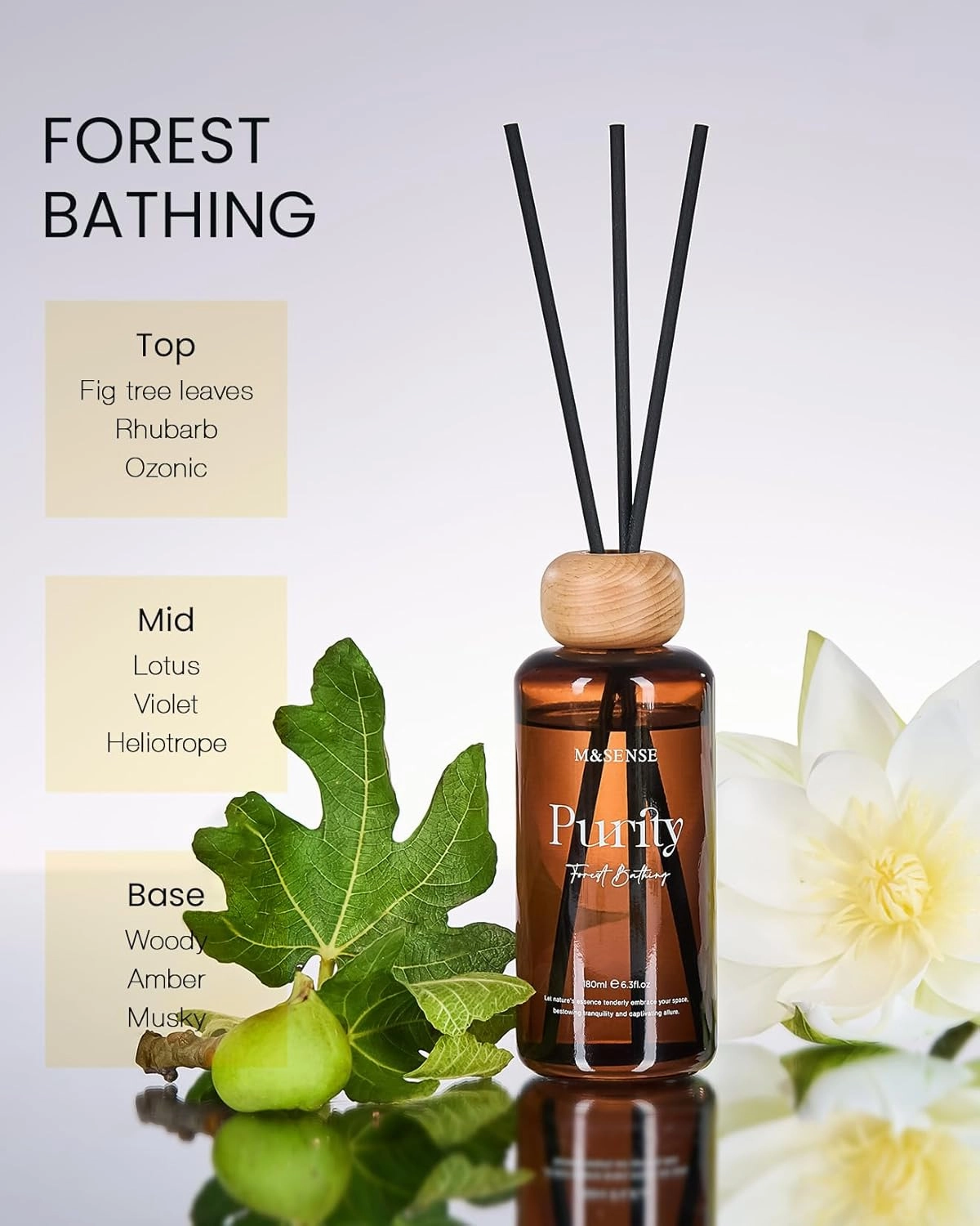 ‌M&SENSE Forest Bathing Reed Diffuser: 6.3 fl oz Fig & Lotus Scented Aroma Set with Light & Subtle Fragrance, Long-Lasting Non-Toxic Natural Essential Oil Diffuser for Office Shelf Decor Small Spaces