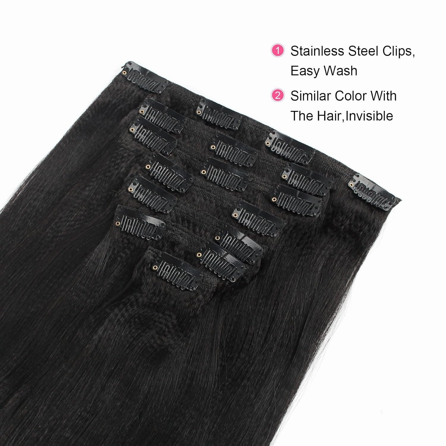 ABH AMAZINGBEAUTY HAIR Real Remy Thick Yaki Straight Clip Ins Black Hair Extensions for African American Relaxed Hair 7 Pieces 120 Gram Per Set, 14 Inch