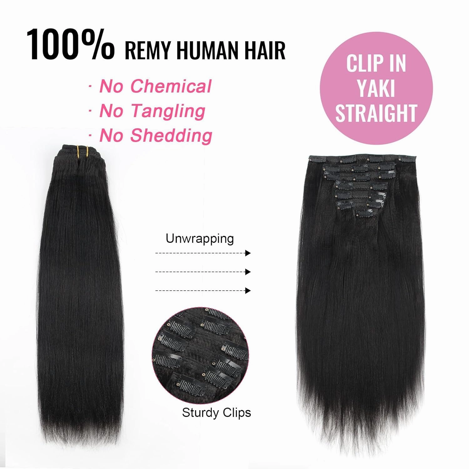 ABH AMAZINGBEAUTY HAIR Real Remy Thick Yaki Straight Clip Ins Black Hair Extensions for African American Relaxed Hair 7 Pieces 120 Gram Per Set, 14 Inch