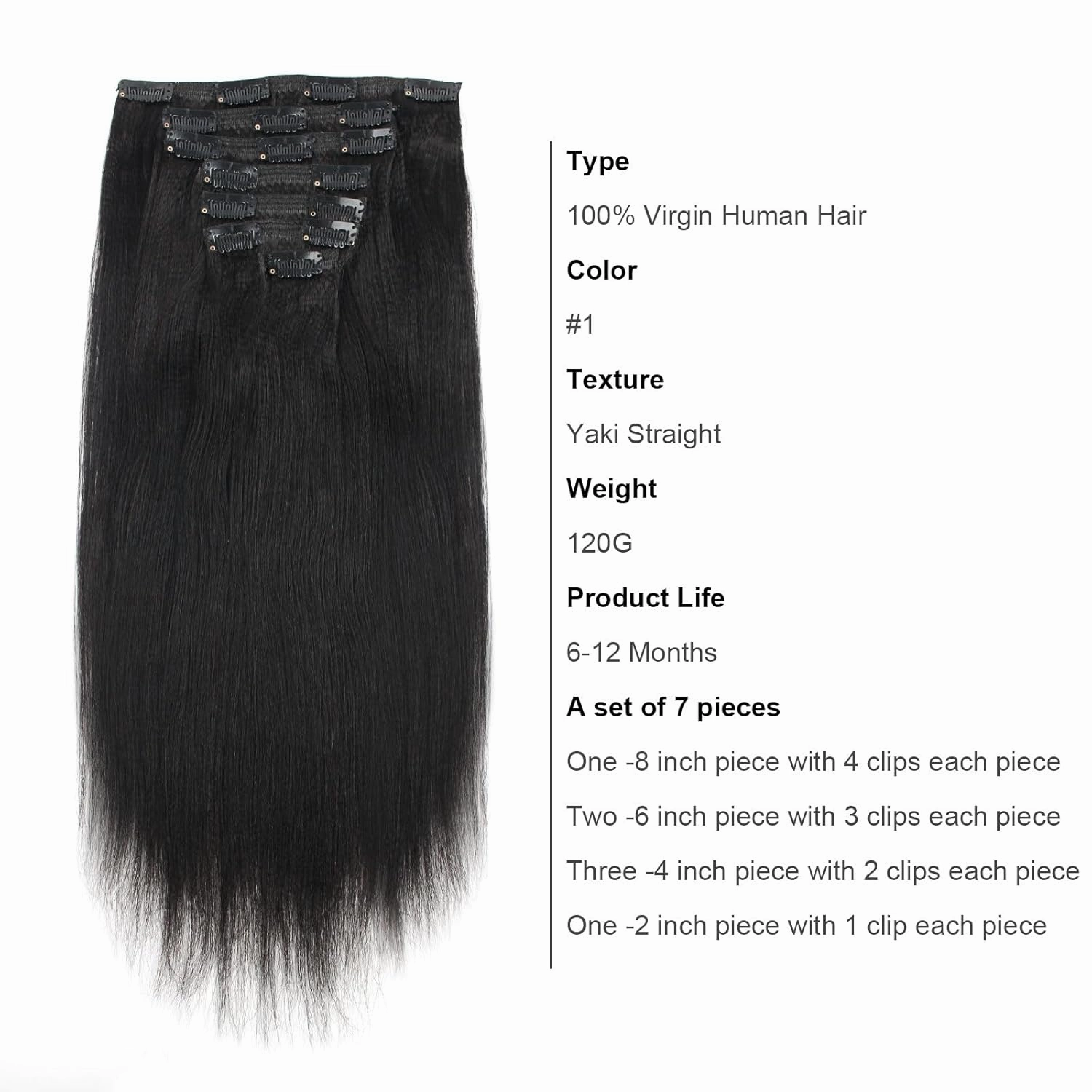 ABH AMAZINGBEAUTY HAIR Real Remy Thick Yaki Straight Clip Ins Black Hair Extensions for African American Relaxed Hair 7 Pieces 120 Gram Per Set, 14 Inch