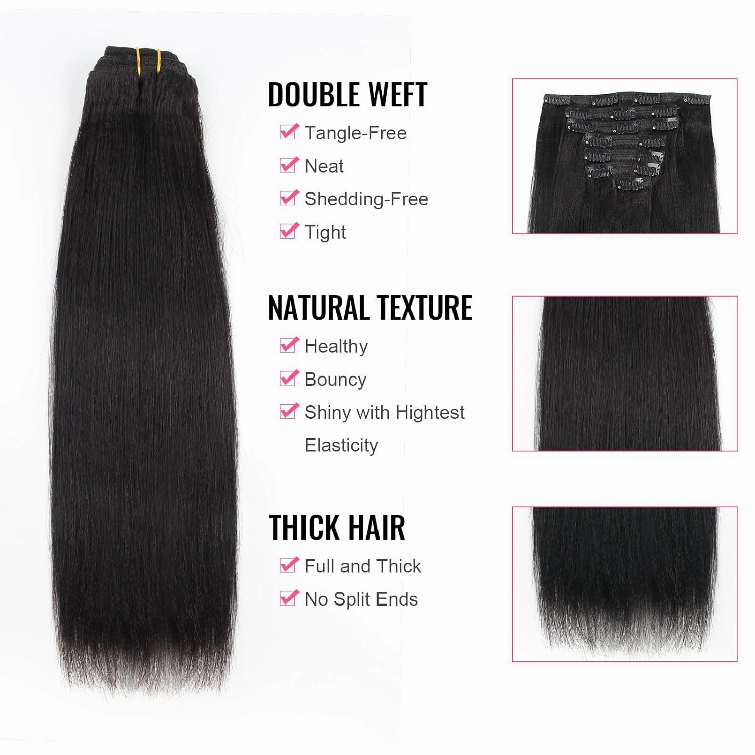 ABH AMAZINGBEAUTY HAIR Real Remy Thick Yaki Straight Clip Ins Black Hair Extensions for African American Relaxed Hair 7 Pieces 120 Gram Per Set, 14 Inch