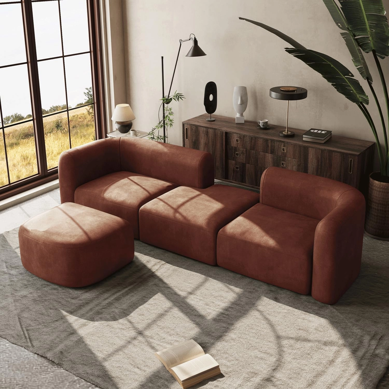 Acanva Luxury Modern Tight Curved Back Velvet Sofa, Minimalist Style Comfy Couch for Living Room Apartment, 4 Seater Modular Sectional, Tangerine