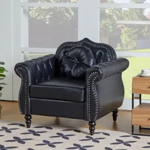Accent Chair, Modern Chesterfield Leather PU Living Room Armchair, Mid-Century Modern Single Sofa Chair Upholstered Tufted Arm Chair with Pillow for Living Room, Bedroom, Office (Black)