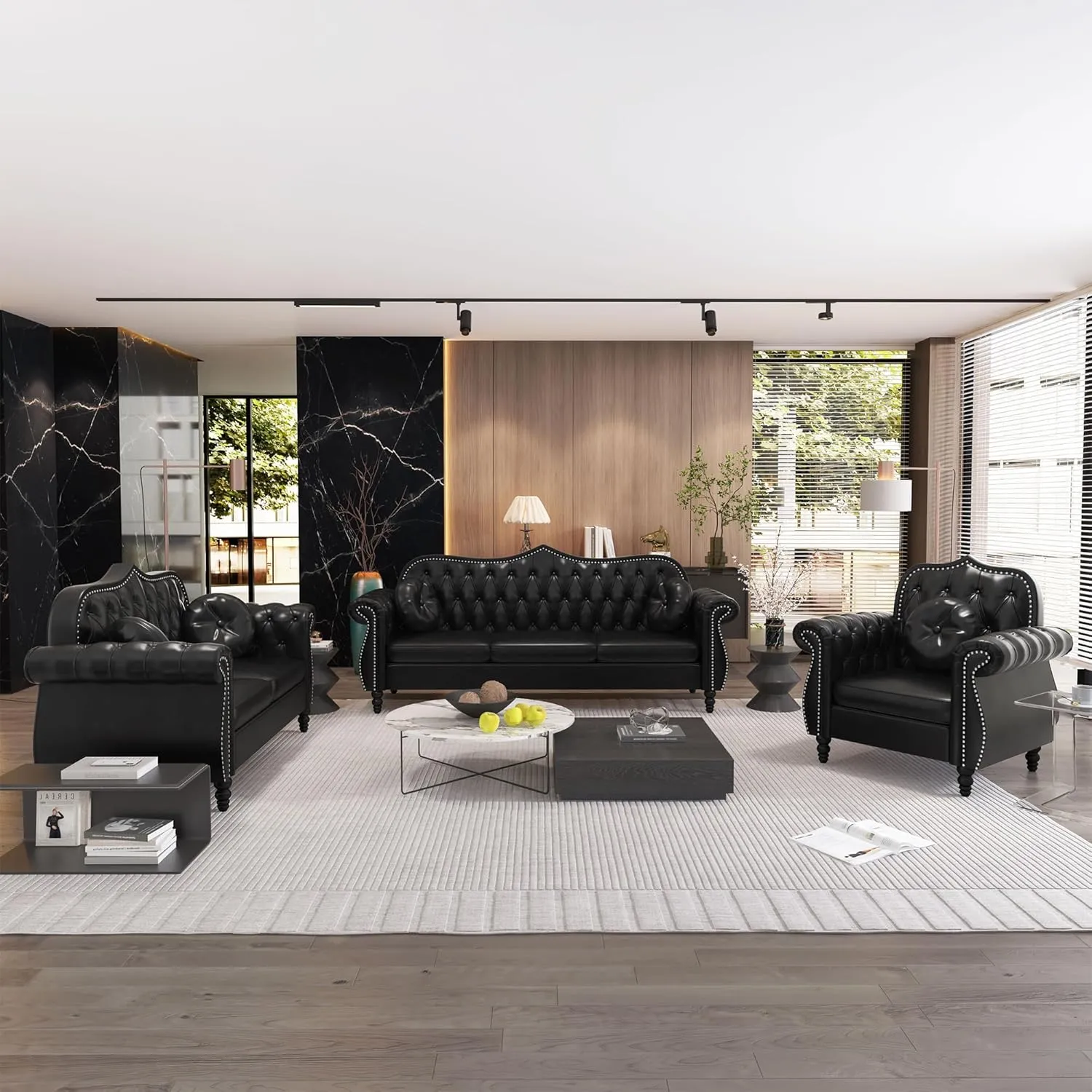 Accent Chair, Modern Chesterfield Leather PU Living Room Armchair, Mid-Century Modern Single Sofa Chair Upholstered Tufted Arm Chair with Pillow for Living Room, Bedroom, Office (Black)