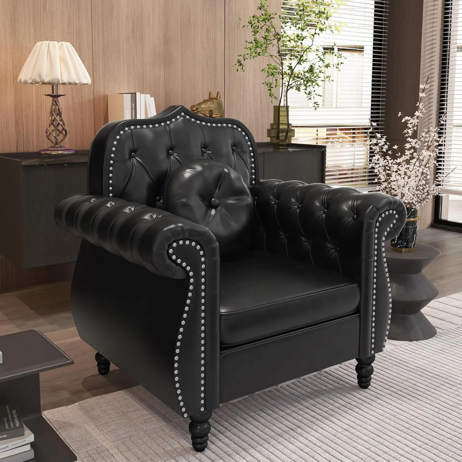 Accent Chair, Modern Chesterfield Leather PU Living Room Armchair, Mid-Century Modern Single Sofa Chair Upholstered Tufted Arm Chair with Pillow for Living Room, Bedroom, Office (Black)