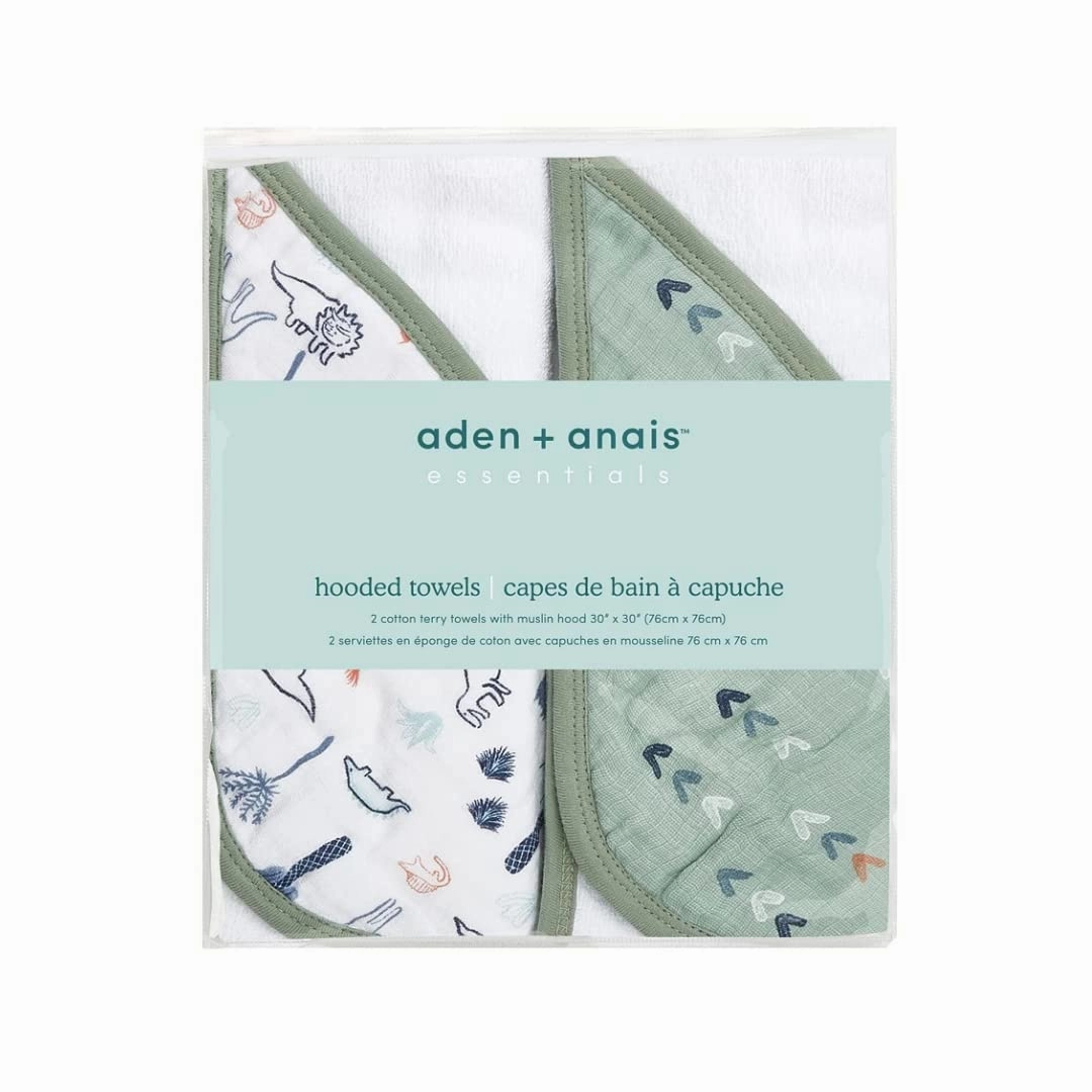 aden   anais Aden Classic Hooded Baby Bath Towel, Super Soft 100% Cotton, 2 Pack, Dinotime