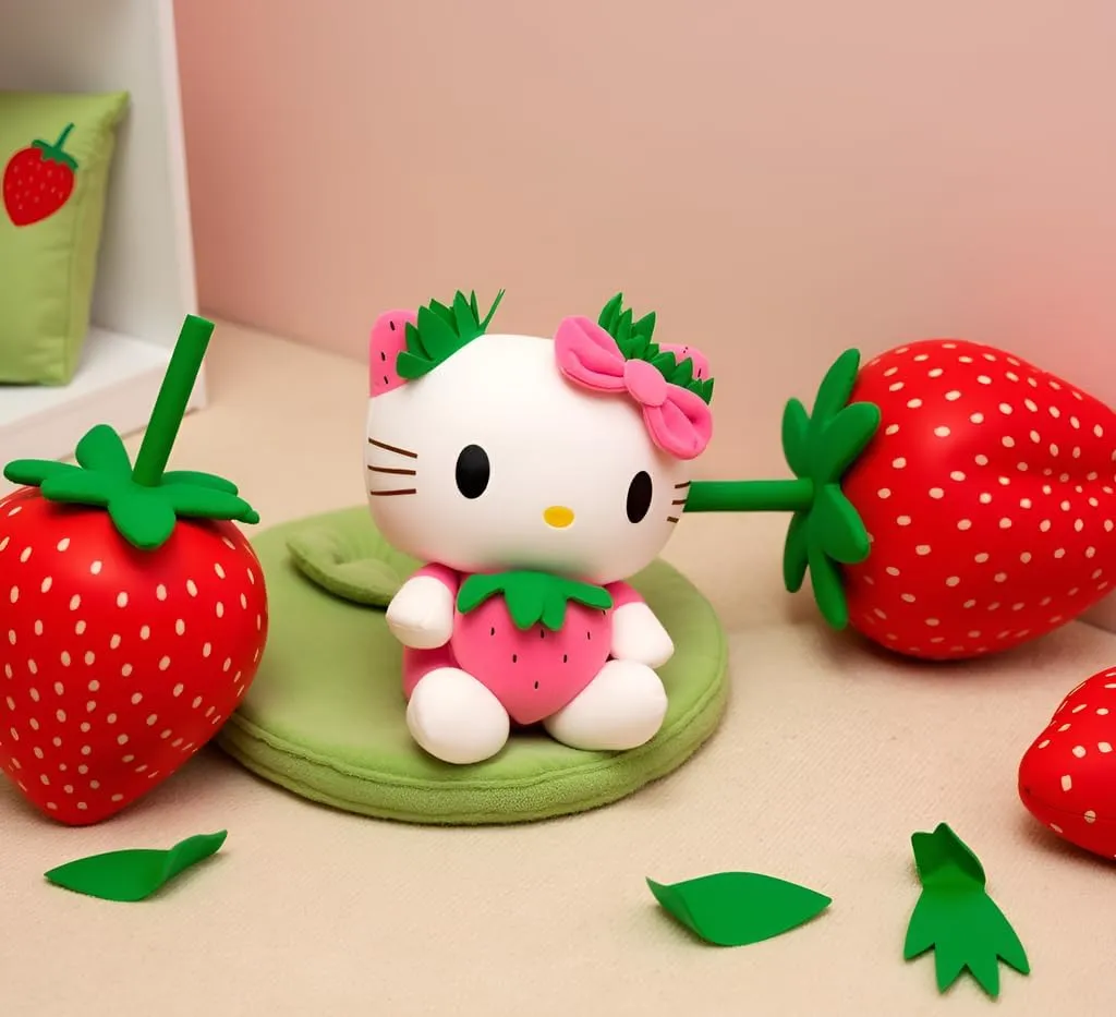 Adorable Kitty Plushie - Cute Kawaii Cat Stuffed Animal, Soft Plush Doll Toy, for Kids, Teens, and Kitty Lovers (Pink Strawberry)