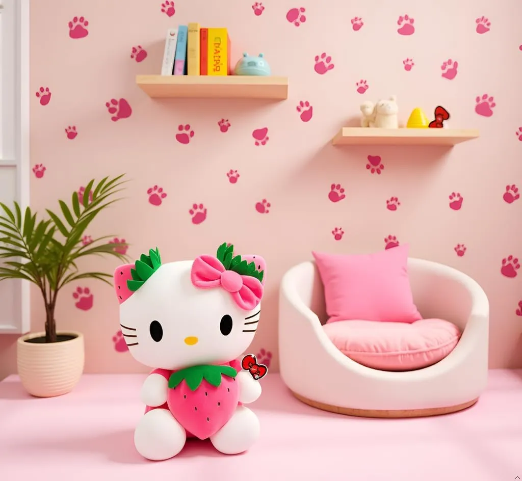 Adorable Kitty Plushie - Cute Kawaii Cat Stuffed Animal, Soft Plush Doll Toy, for Kids, Teens, and Kitty Lovers (Pink Strawberry)